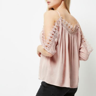 Light pink cold shoulder lace top